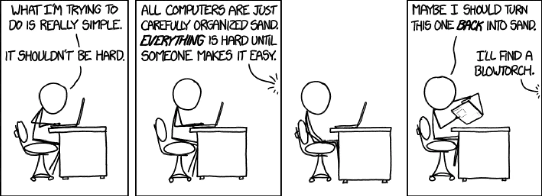 Stick figure at a desk grows frustrated with a laptop and considers destroying it with a blowtorch.