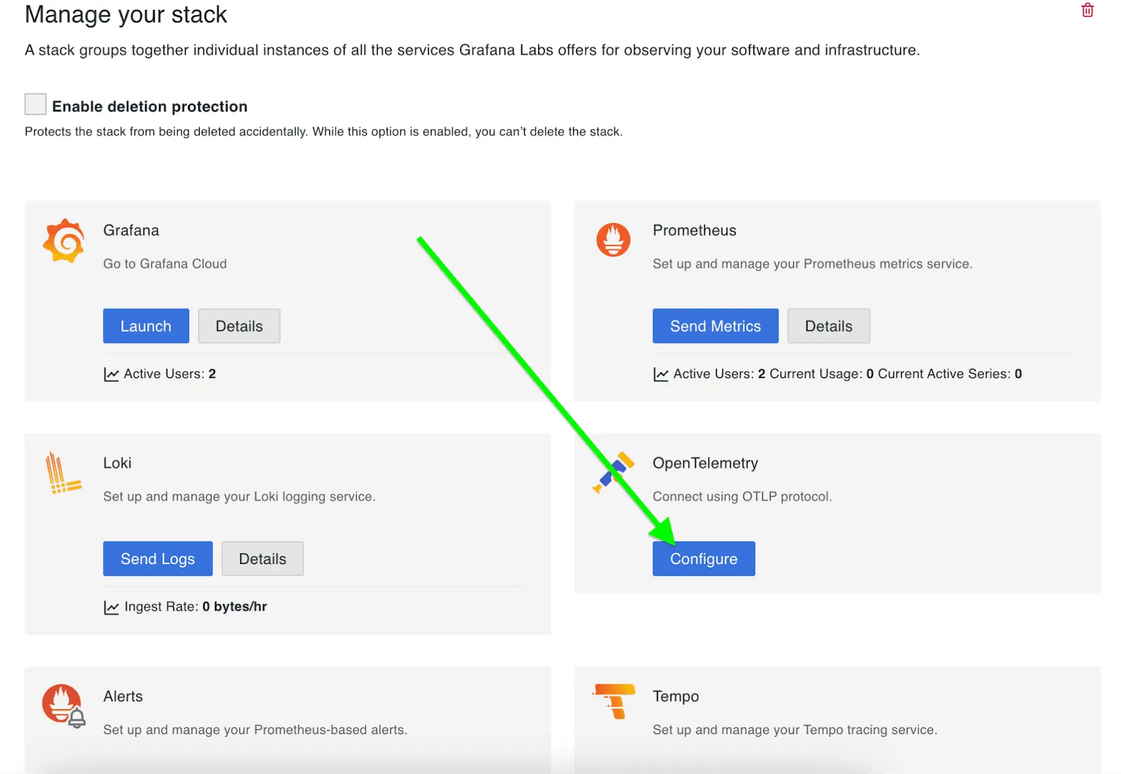 OpenTelemetry section highlighted with a green arrow pointing to the Configure button