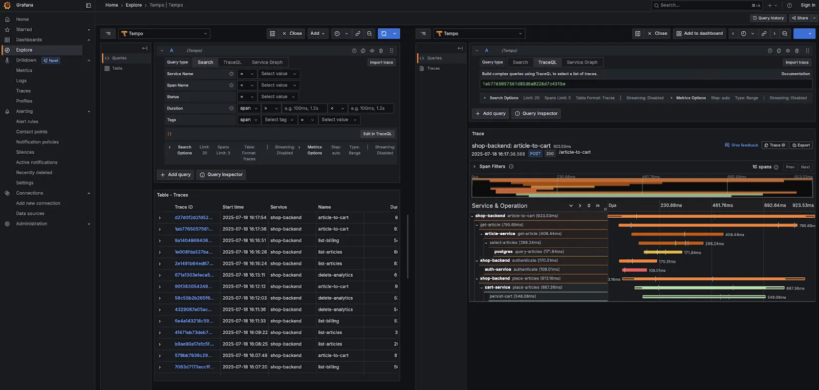 Grafana Tempo interface displaying trace queries and service operation timelines