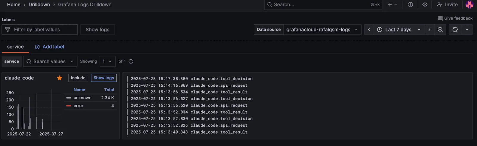 Grafana Explore view displaying structured Claude Code logs with timestamps and event types