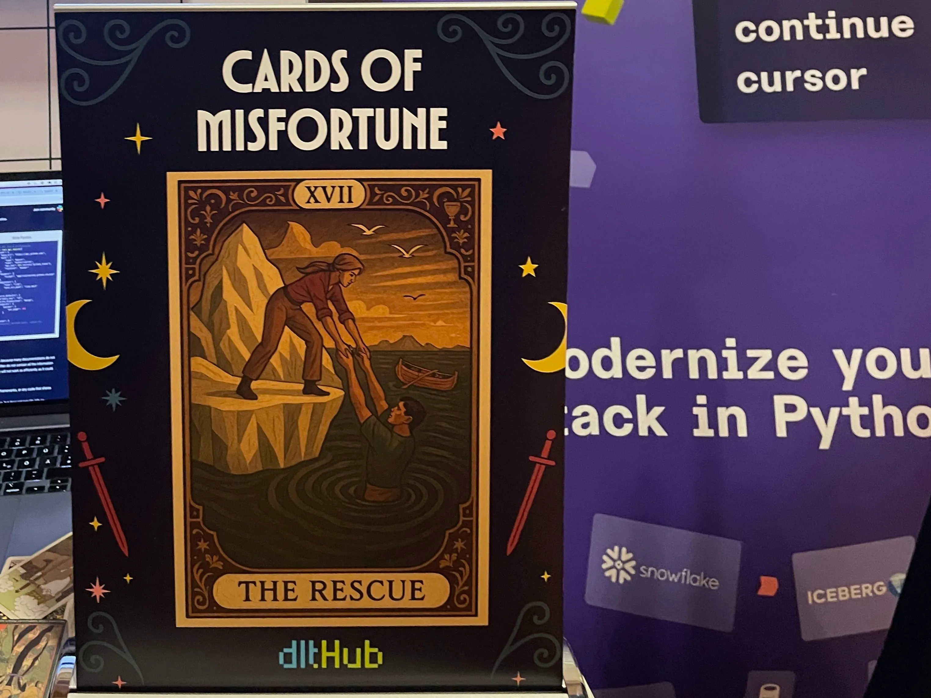 Tarot-style poster titled “Cards of Misfortune” showing a rescue scene by dltHub.