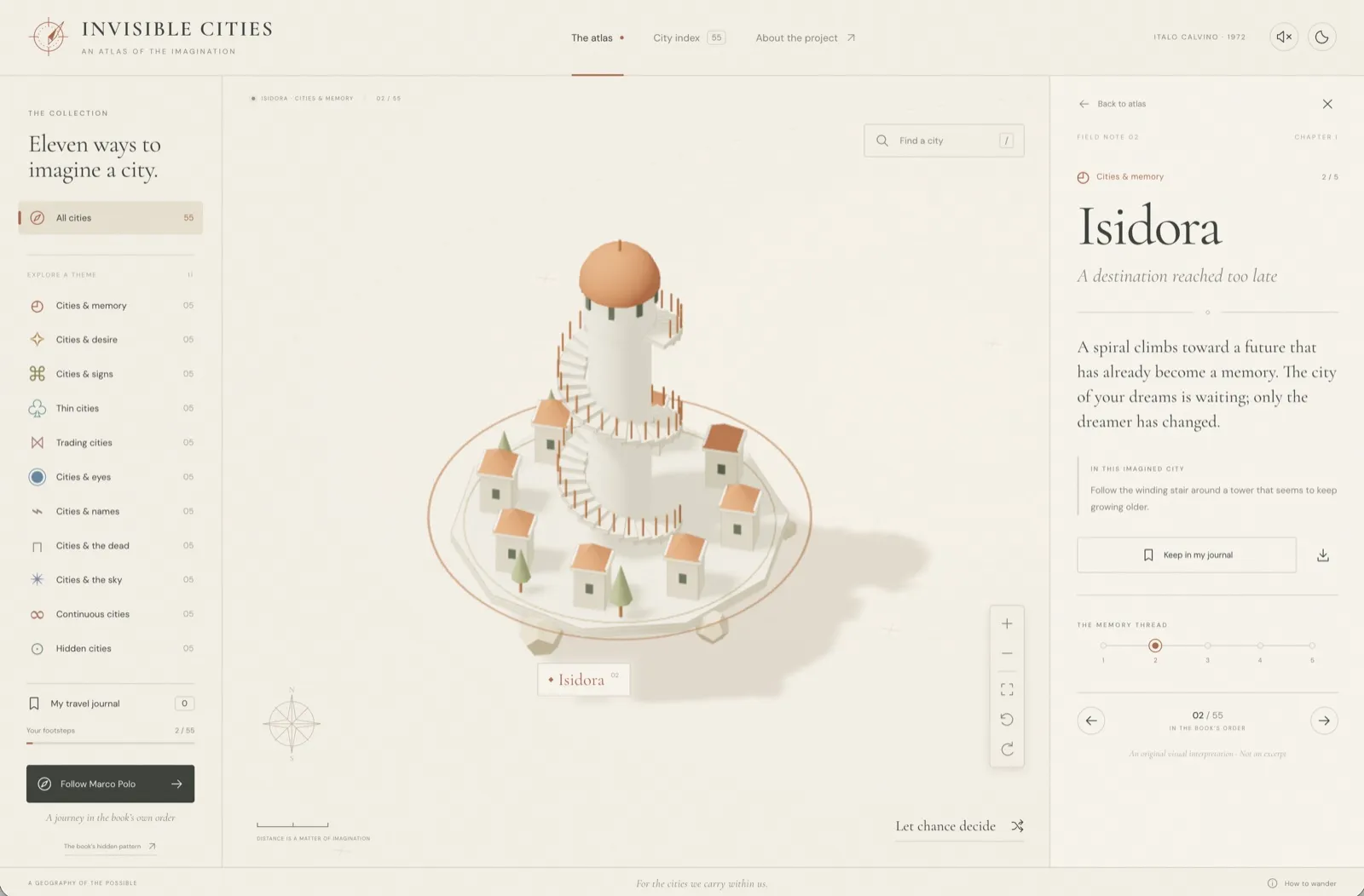 Invisible Cities by GPT-6 Astra: Isidora as a spiral tower on a pale atlas page