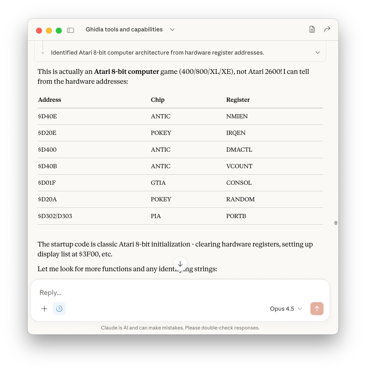 Claude identifying Atari hardware registers