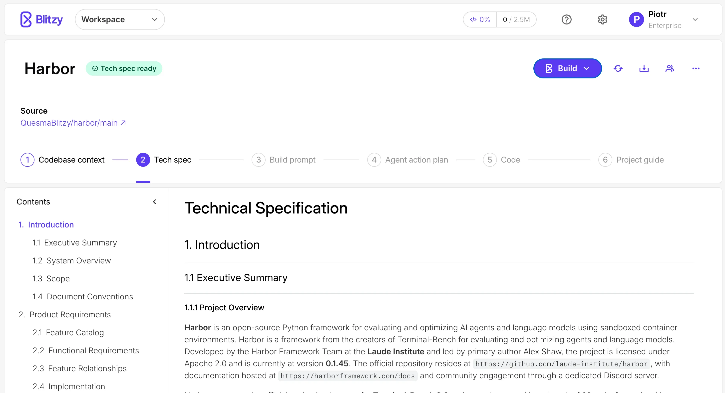 Blitzy workflow: 1. Codebase context 2. Tech spec 3. Build prompt 4. Agent action plan 5. Code 6. Project guide