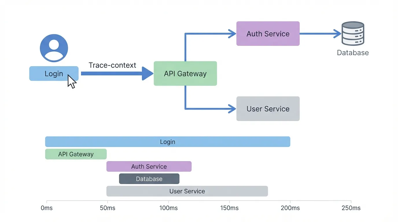 Distributed tracing diagram showing a Login request flowing through API Gateway to Auth Service and User Service, with a trace waterfall timeline below