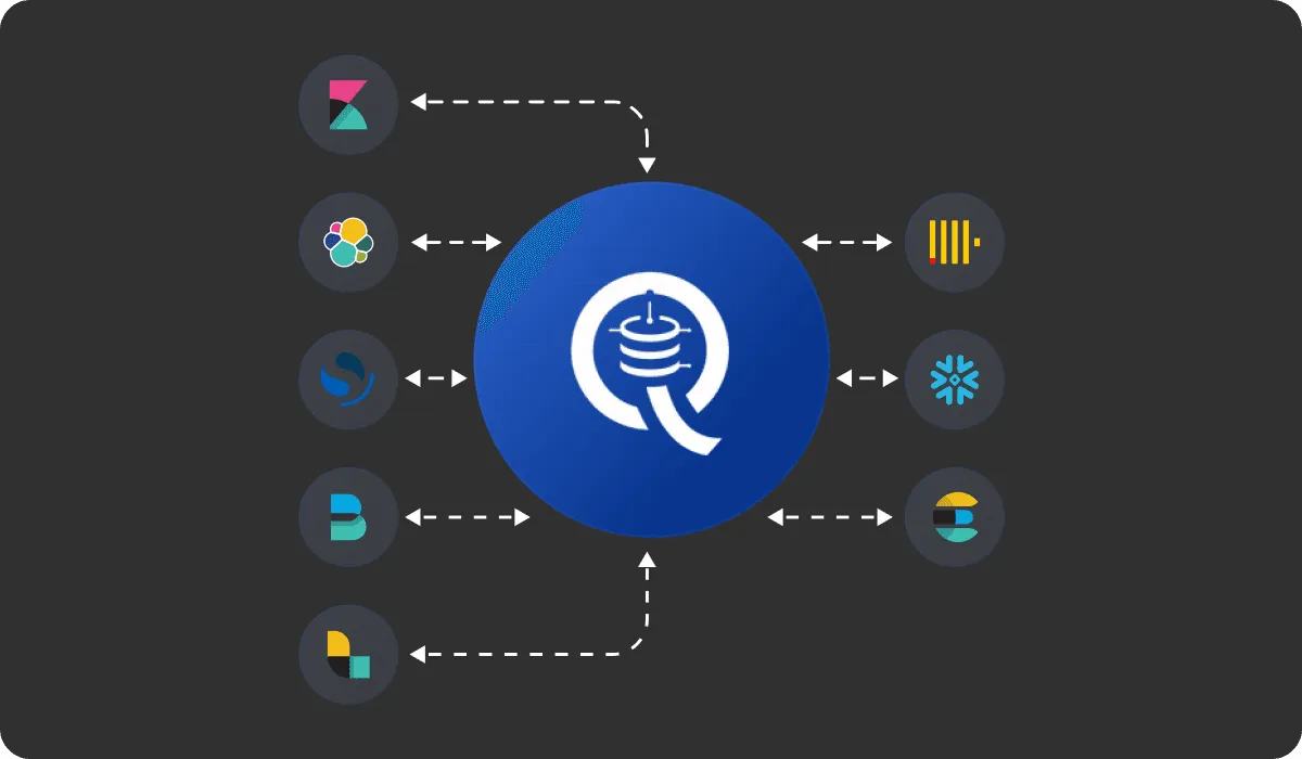 Central database icon connected with various analytics and data platform logos via arrows