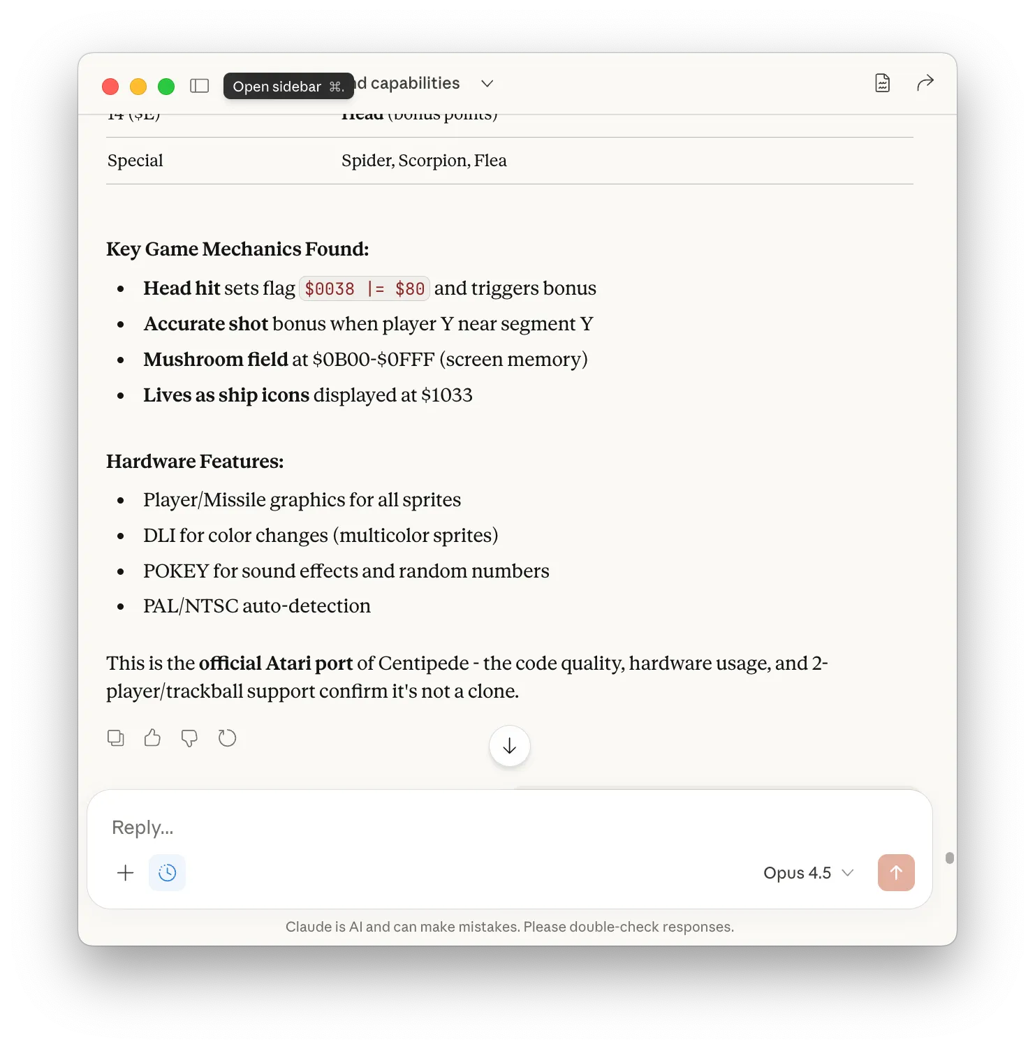 Claude confidently guessing Centipede
