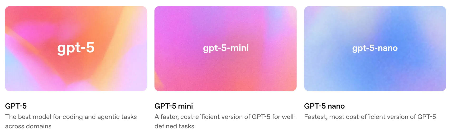 GPT-5, GPT-5-mini, and GPT-5-nano model options with descriptions