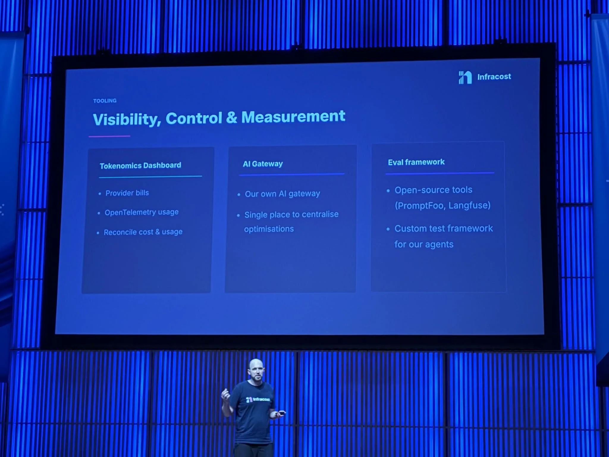 Infracost’s tooling slide: a tokenomics dashboard, an AI gateway, and an evaluation framework.
