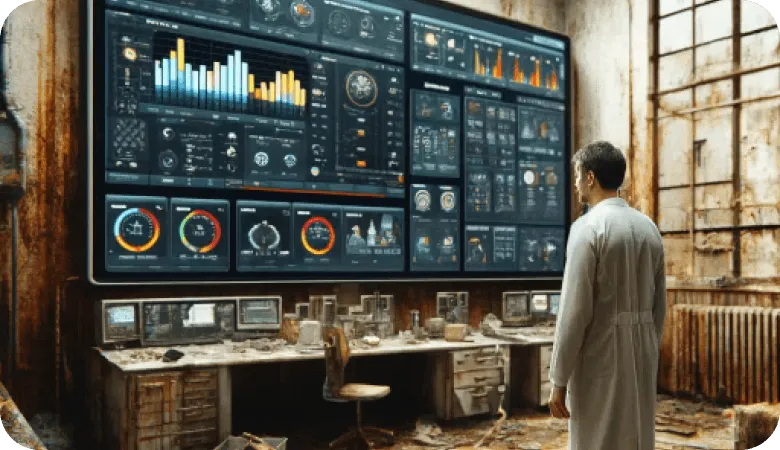 Man in lab coat viewing large data visualization dashboards on wall in a decayed, cluttered room