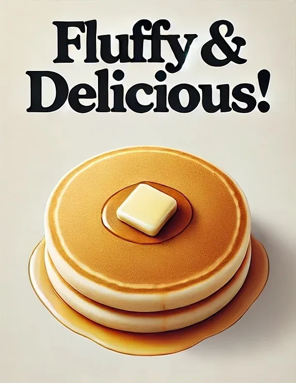Stack of pancakes with butter and syrup under bold text reading “Fluffy &#x26; Delicious!”