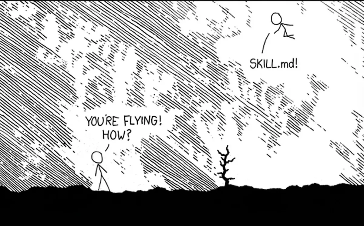 Stick figure flying thanks to SKILL.md - a parody of xkcd 353