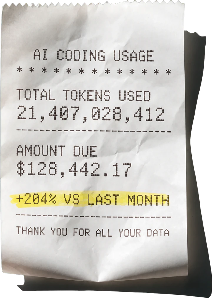 Illustrative AI coding usage bill showing token usage and amount due